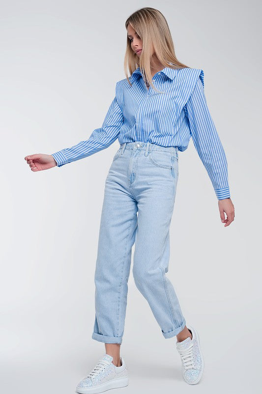 RUFFLE SHOULDER SHIRT IN BLUE, Q2