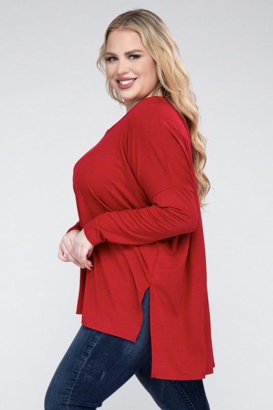 V-Neck Side Slit Hi-Low Hem Top, Various Colors, Zenana (Plus Only)