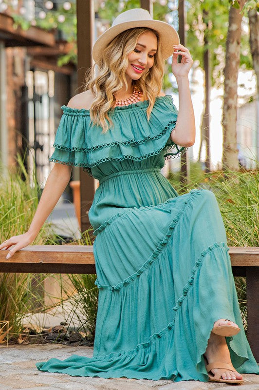 OFF THE SHOULDER RUFFLE MAXI DRESS (various colors), eesome