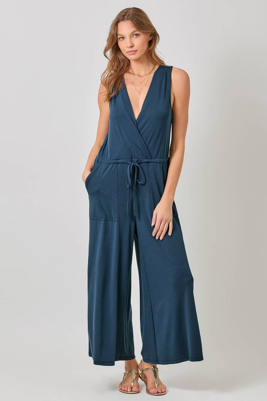 Mystree - Modal Ribbed Surplice Neck Jumpsuit