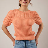 Sunday Edition by LE LIS - ROUND NECK PUFF SHORT SLEEVE CABLE SWEATER