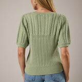 Sunday Edition by LE LIS - ROUND NECK PUFF SHORT SLEEVE CABLE SWEATER