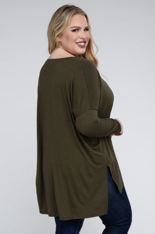 V-Neck Side Slit Hi-Low Hem Top, Various Colors, Zenana (Plus Only)