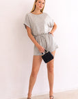 Short Roll-Up Sleeve Elastic Waist Romper, Gilli