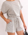 Short Roll-Up Sleeve Elastic Waist Romper, Gilli