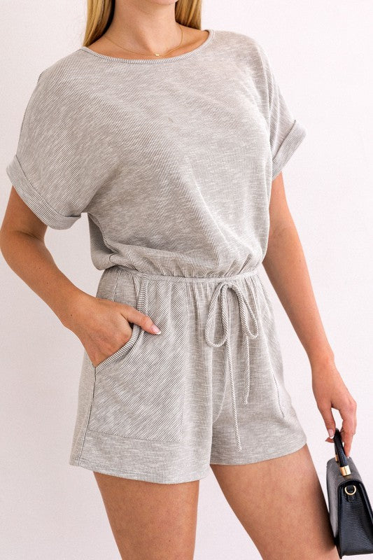 Short Roll-Up Sleeve Elastic Waist Romper, Gilli