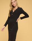 Cotton Rib Knit Midi Bodycon Dress with Buttons, Renee C