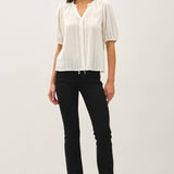 Be Cool - LINEN BLENDED RUFFLE TRIM FRONT TIE BLOUSE