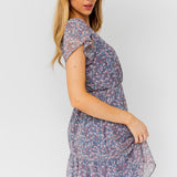PUFF SLEEVE FAUX WRAP MINI DRESS WITH RUFFLE, Gilli