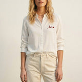 Q2 White Button-Up Shirt with Red Love Embroidery