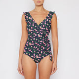 MARINA WEST SWIM - Ruffle Wrap Tie Black with Roses