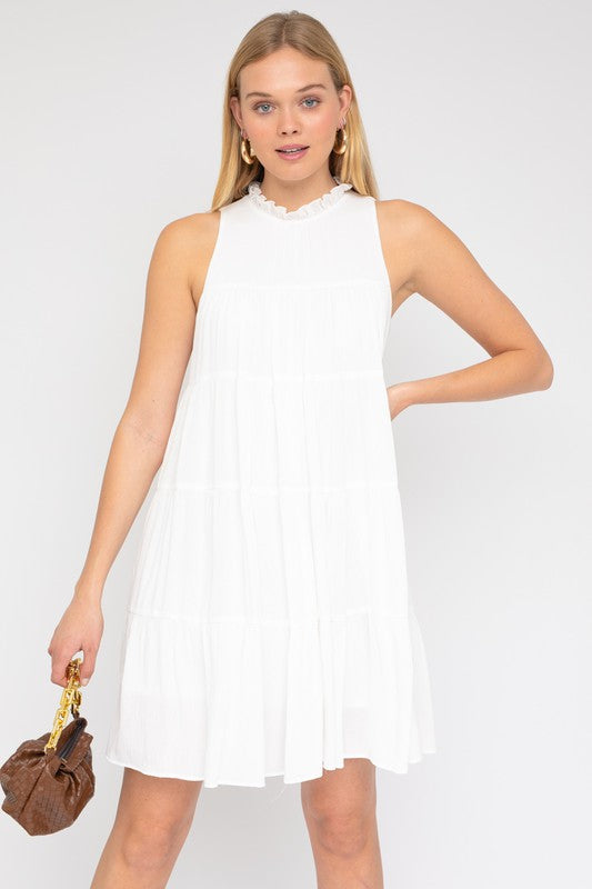 SLEEVELESS RUFFLE NECK TIERED DRESS, Gilli