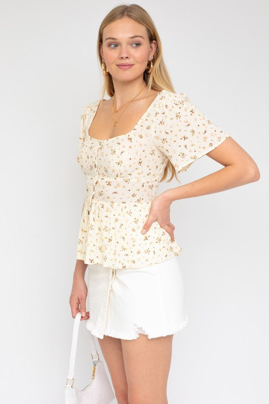 Button Down Back Smocking Ditsy Print Top, Gilli