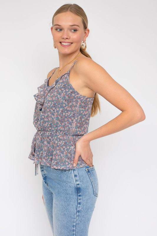 Sleeveless Elastic Waist Top With Ruffle,Gilli