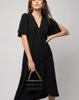 Solid V-Neck Midi Dress W-Front Knot