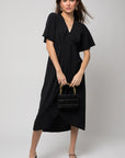 Solid V-Neck Midi Dress W-Front Knot