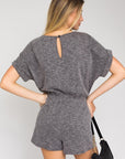 Short Roll-Up Sleeve Elastic Waist Romper, Gilli