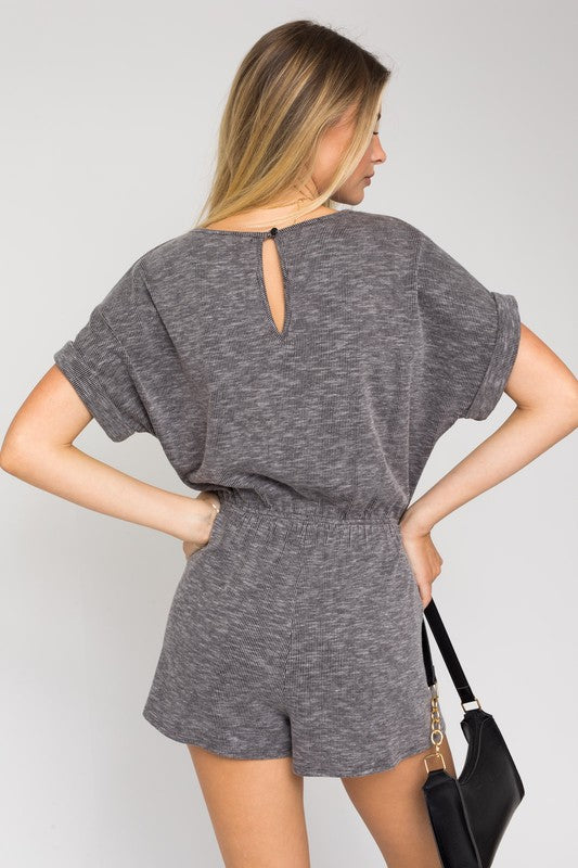 Short Roll-Up Sleeve Elastic Waist Romper, Gilli