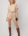 Short Roll-Up Sleeve Elastic Waist Romper, Gilli