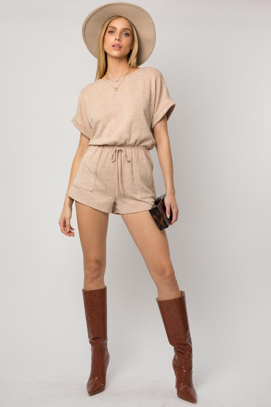 Short Roll-Up Sleeve Elastic Waist Romper, Gilli