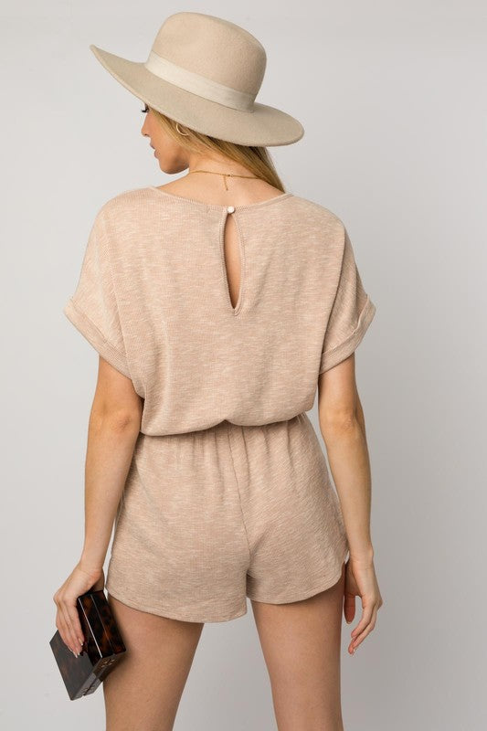 Short Roll-Up Sleeve Elastic Waist Romper, Gilli