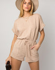 Short Roll-Up Sleeve Elastic Waist Romper, Gilli