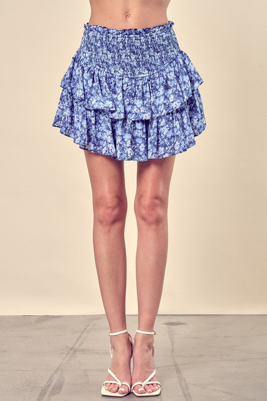 DIZZY FLORAL PRINTED TIERED SKORTS, Mustard Seed