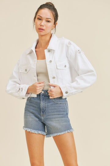 CROPPED DISTRESS DENIM JACKET , Just Black Denim