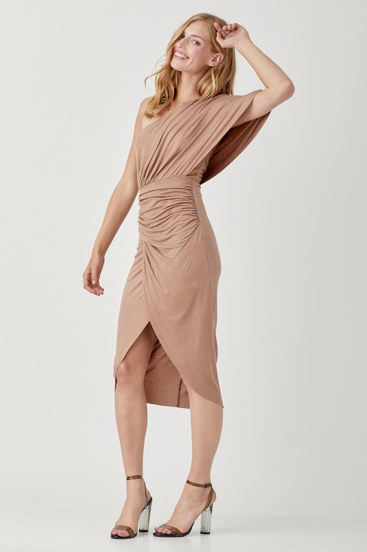 ONE SHOULDER DRAPE JERSEY DRESS, Mustard Seed