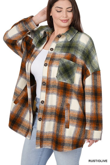 OVERSIZED YARN DYED PLAID SHACKET, Zenana (Plus Size Only)