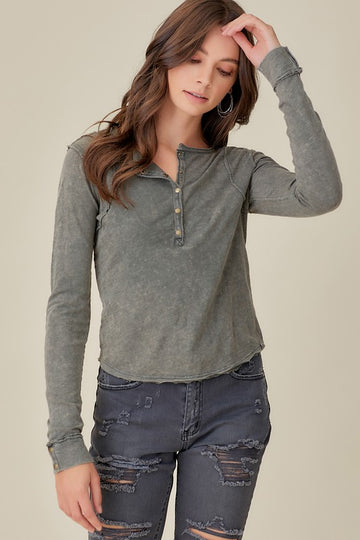 BUTTON UP FRONT RAW EDGE  HENLEY (Various Colors), Mustard Seed