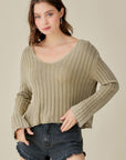 V-Neck Washed Crop Sweater, Mustard Seed