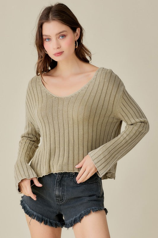 V-Neck Washed Crop Sweater, Mustard Seed