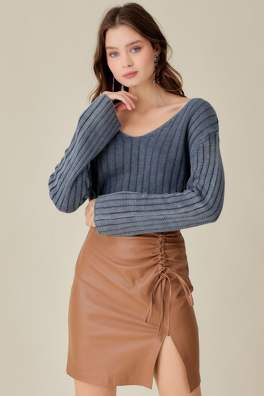 V-Neck Washed Crop Sweater, Mustard Seed