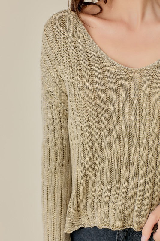 V-Neck Washed Crop Sweater, Mustard Seed