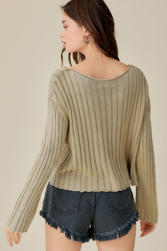 V-Neck Washed Crop Sweater, Mustard Seed