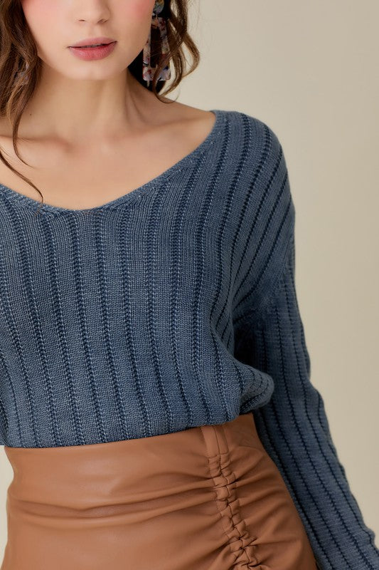 V-Neck Washed Crop Sweater, Mustard Seed