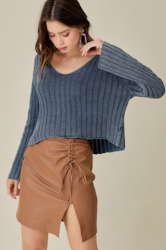 V-Neck Washed Crop Sweater, Mustard Seed