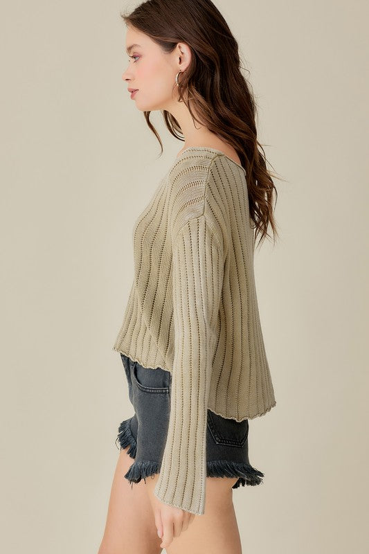 V-Neck Washed Crop Sweater, Mustard Seed