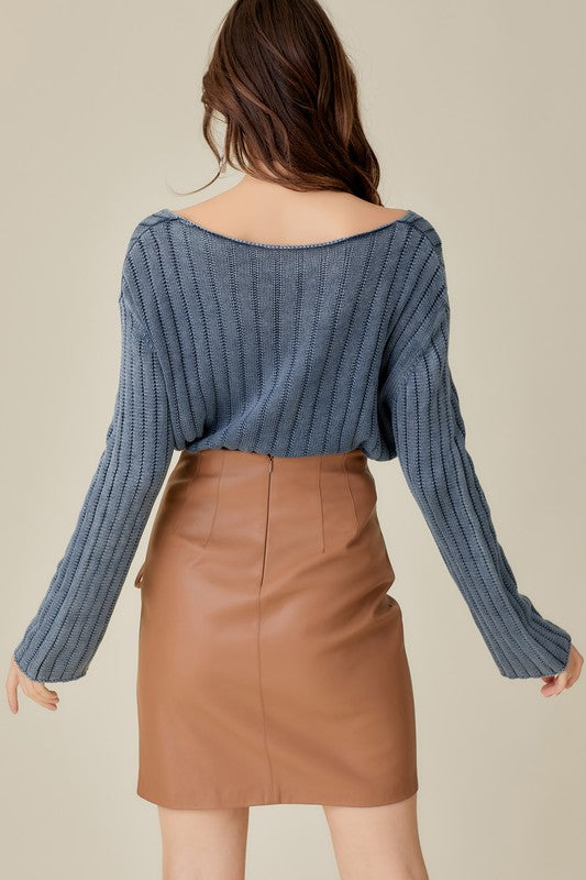 V-Neck Washed Crop Sweater, Mustard Seed