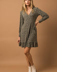 LONG SLEEVE FAUX WRAP RUFFLE HEM DRESS