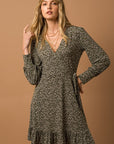 LONG SLEEVE FAUX WRAP RUFFLE HEM DRESS