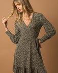 LONG SLEEVE FAUX WRAP RUFFLE HEM DRESS