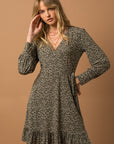 LONG SLEEVE FAUX WRAP RUFFLE HEM DRESS