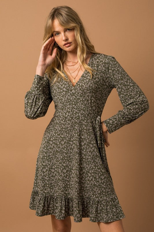 LONG SLEEVE FAUX WRAP RUFFLE HEM DRESS