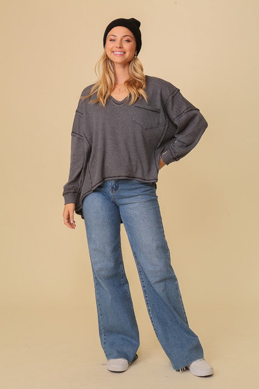 Thermal High Low V-Neck Oversized Top (Various Colors), Timing