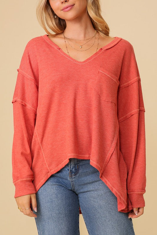 Thermal High Low V-Neck Oversized Top (Various Colors), Timing