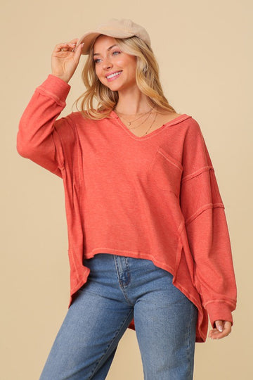 Thermal High Low V-Neck Oversized Top (Various Colors), Timing