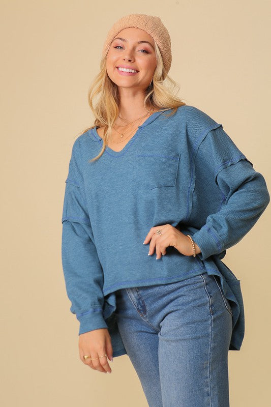 Thermal High Low V-Neck Oversized Top (Various Colors), Timing