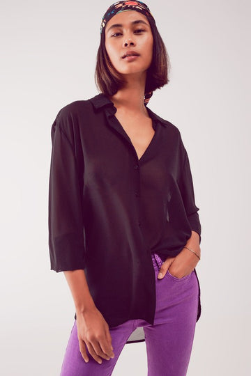 Classic Chiffon Button Down Shirt in black, Q2